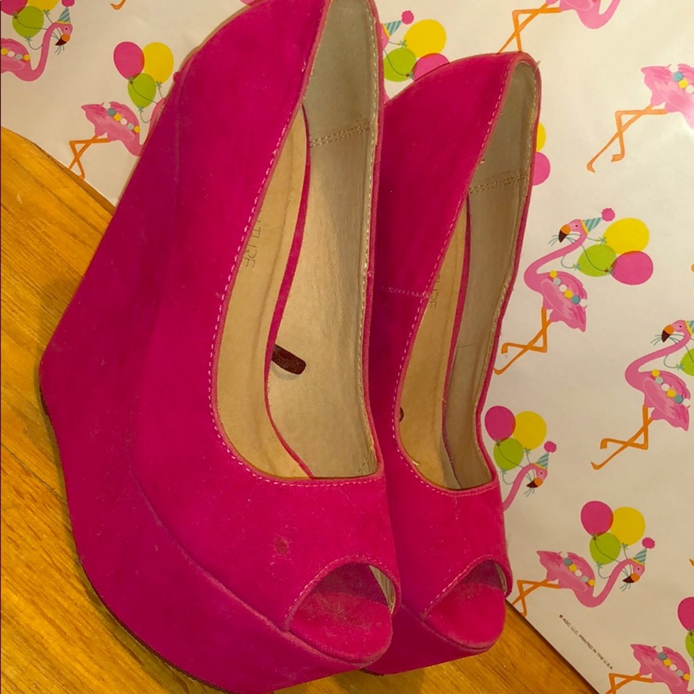 Hot pink velvet platform shoes